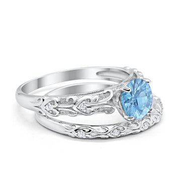 Art Deco Two Piece Wedding Ring Simulated Aquamarine CZ 925 Sterling Silver